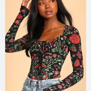 Make It Easy Black Floral Print Long Sleeve Cutout Top size small